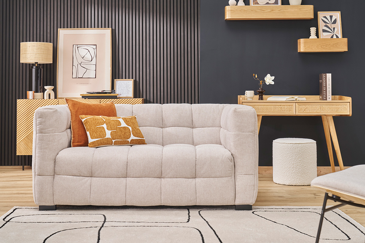 Divano design 2 posti in tessuto effetto velluto testurizzato beige CORTO