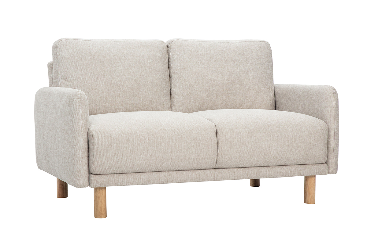 Divano 2 posti in tessuto beige effetto velluto e piedi in legno chiaro, vista da 3/4.