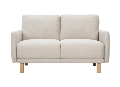 Divano design 2 posti in tessuto effetto velluto testurizzato beige e legno chiaro BONO