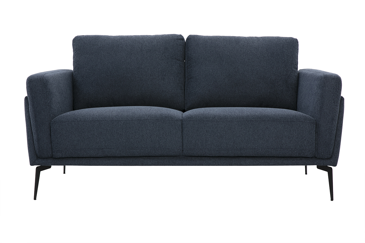 Divano design 2 posti in tessuto effetto velluto testurizzato blu scuro e metallo nero MOSCO