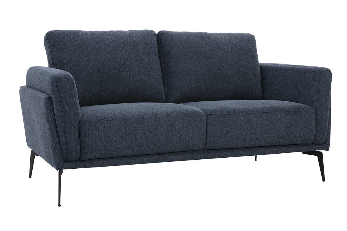 Divano design 2 posti in tessuto effetto velluto testurizzato blu scuro e metallo nero MOSCO
