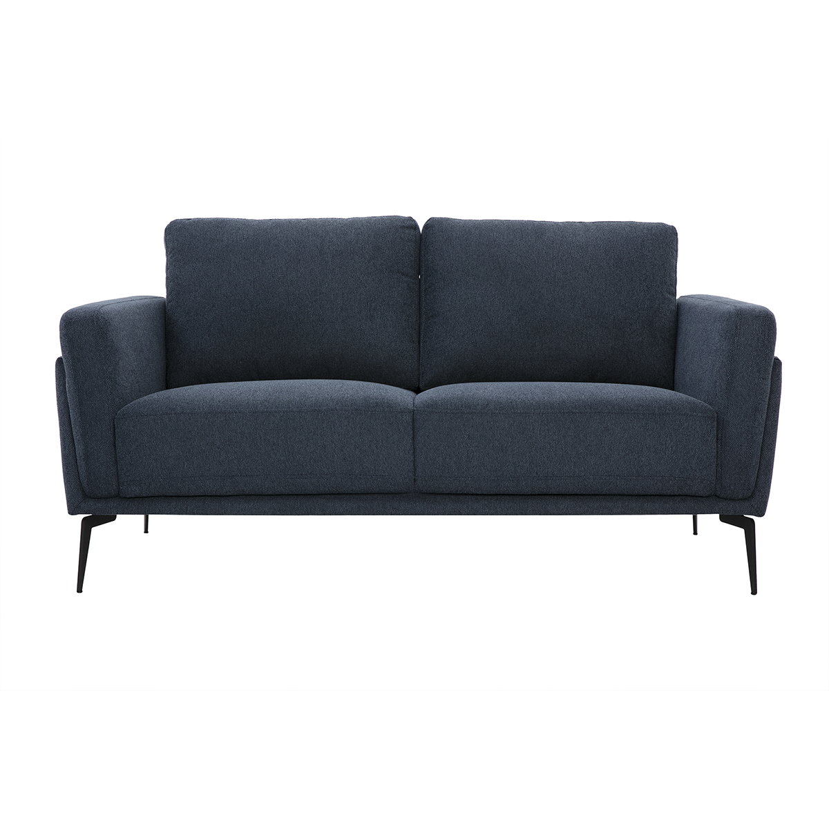 Divano design 2 posti in tessuto effetto velluto testurizzato blu scuro e metallo nero MOSCO