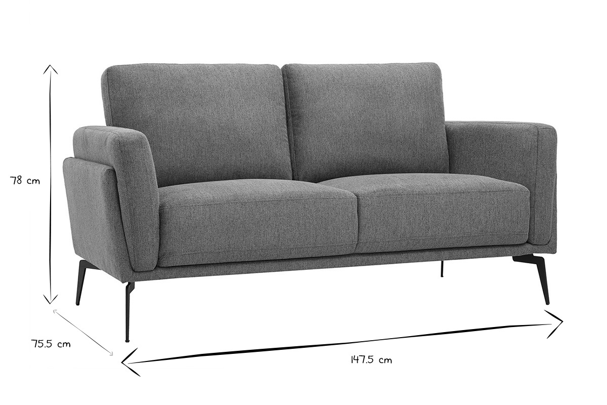 Dimensioni del divano di design a 2 posti in bianco e nero, altezza 78 cm, larghezza 147,5 cm, profondit� 75,5 cm.