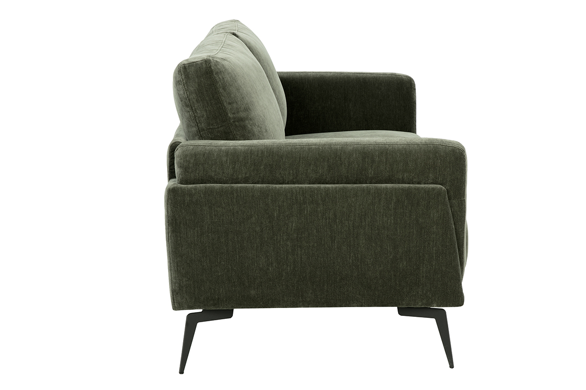 Divano design 2 posti in tessuto effetto velluto verde cachi e metallo nero MOSCO