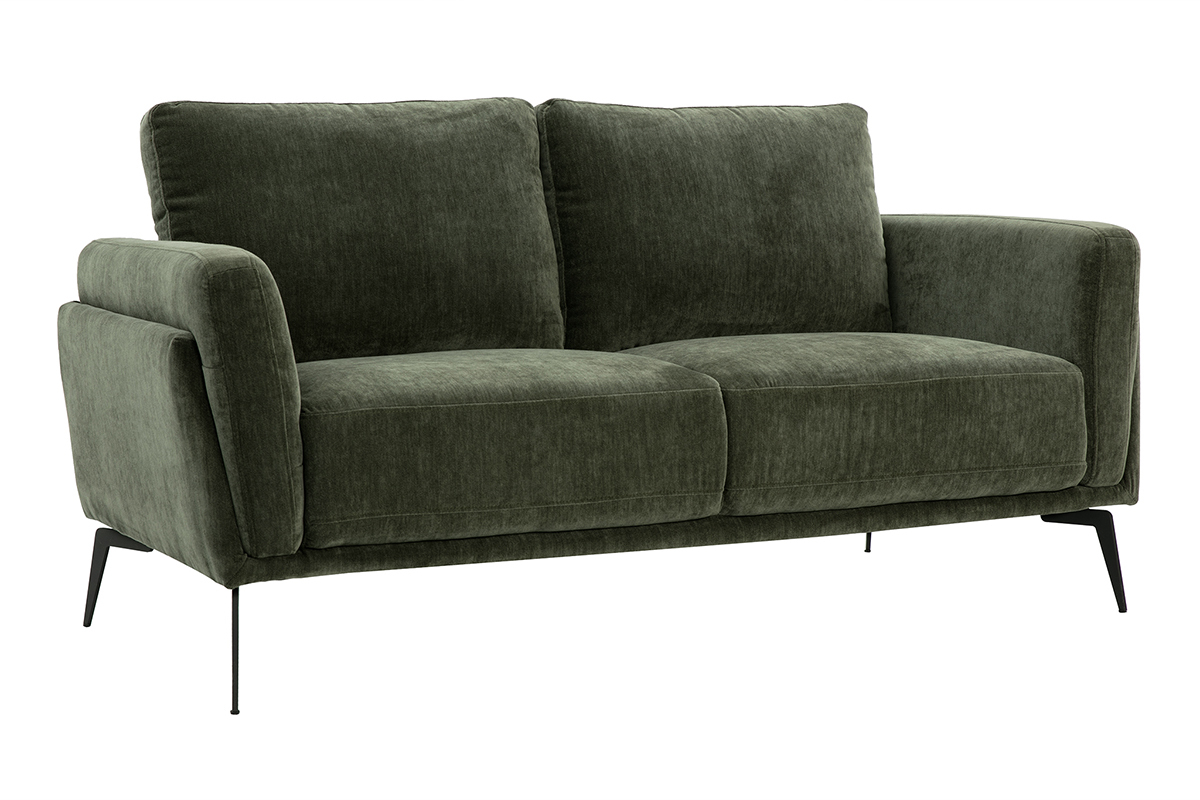 Divano design 2 posti in tessuto effetto velluto verde cachi e metallo nero MOSCO