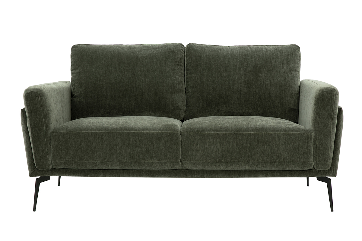 Divano design 2 posti in tessuto effetto velluto verde cachi e metallo nero MOSCO