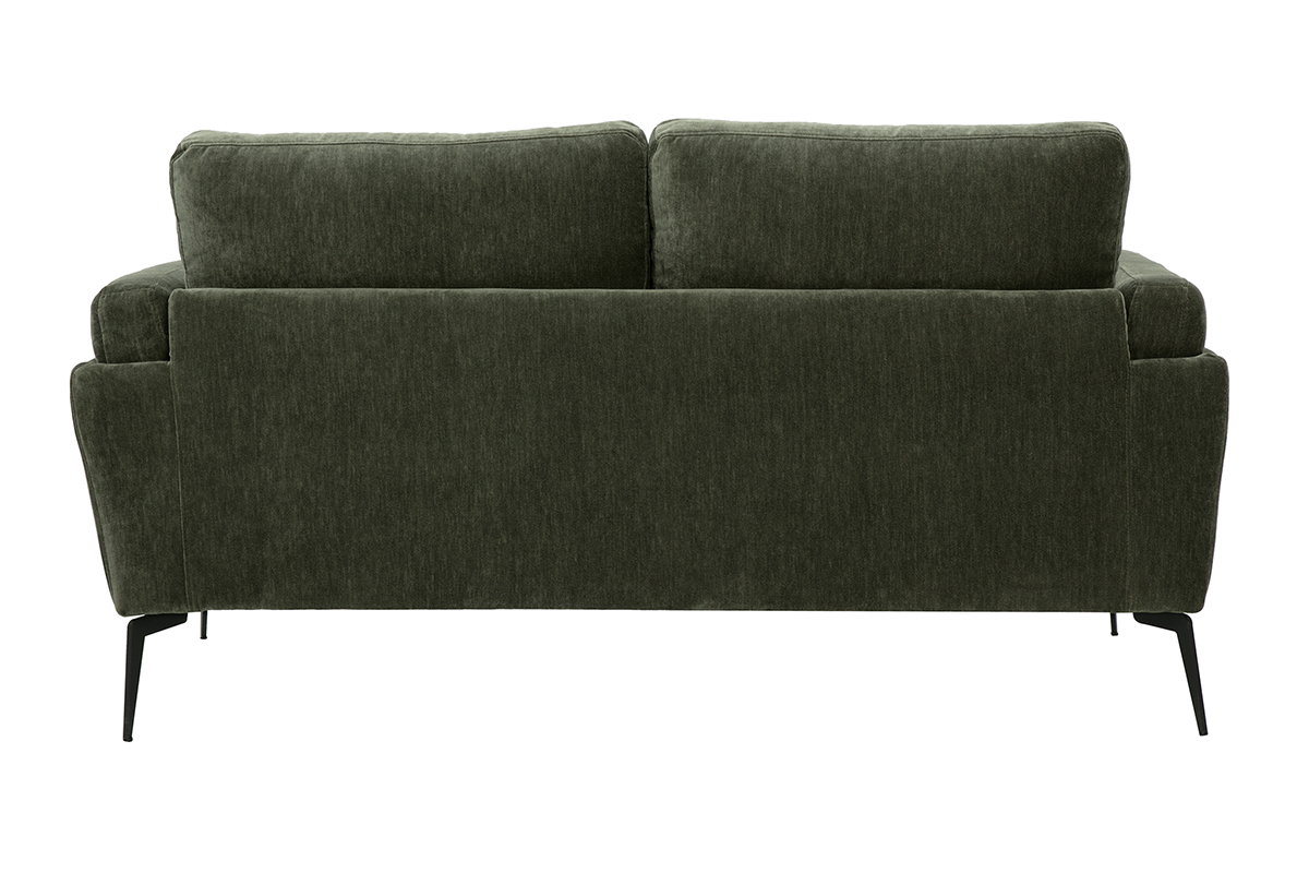 Divano design 2 posti in tessuto effetto velluto verde cachi e metallo nero MOSCO