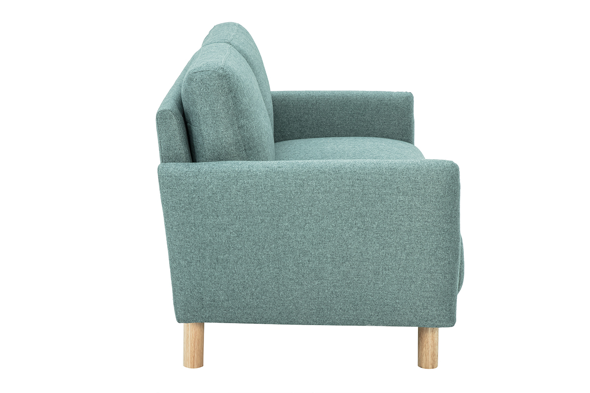 Divano a 2 posti in tessuto verde grisaglia, vista laterale, piedi in legno chiaro.