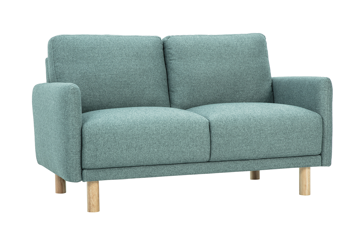 Divano a 2 posti verde grigio in tessuto, piedi in legno chiaro, vista da 3/4.