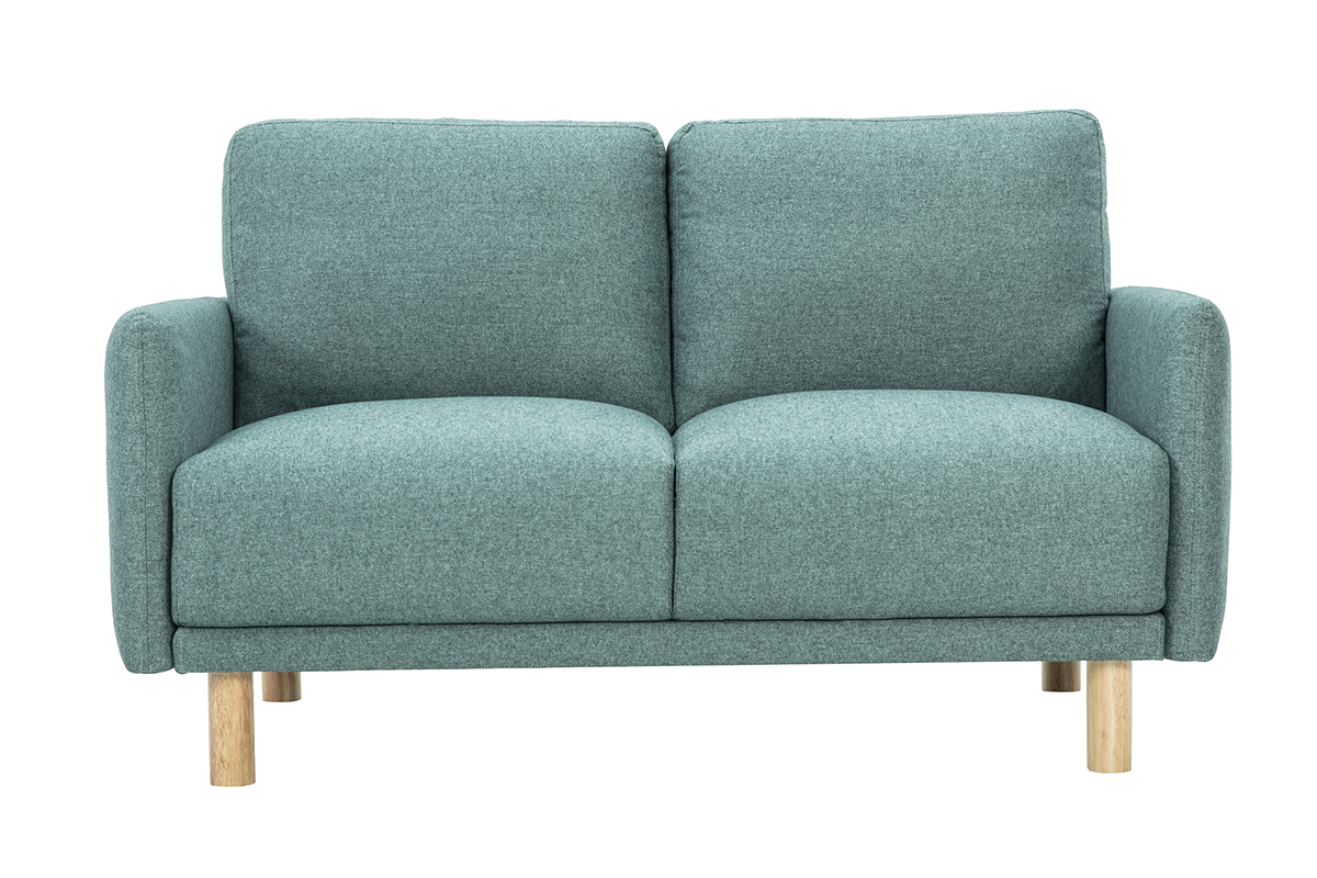 Divano a 2 posti verde grigio, legno chiaro, vista frontale.