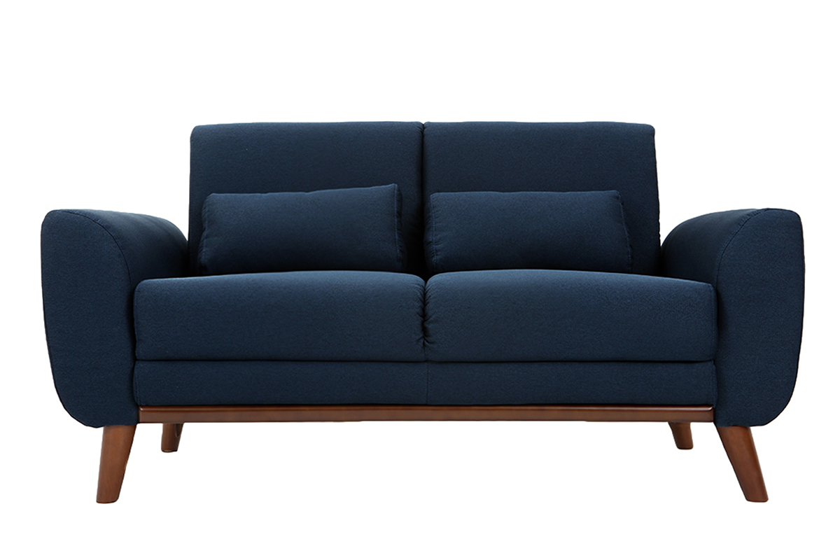 Divano design 2 posti tessuto blu e piedi noce EKTOR