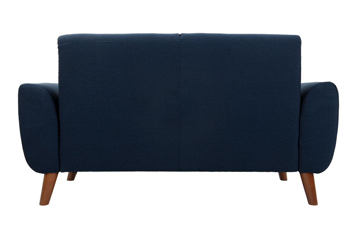 Divano design 2 posti tessuto blu e piedi noce EKTOR