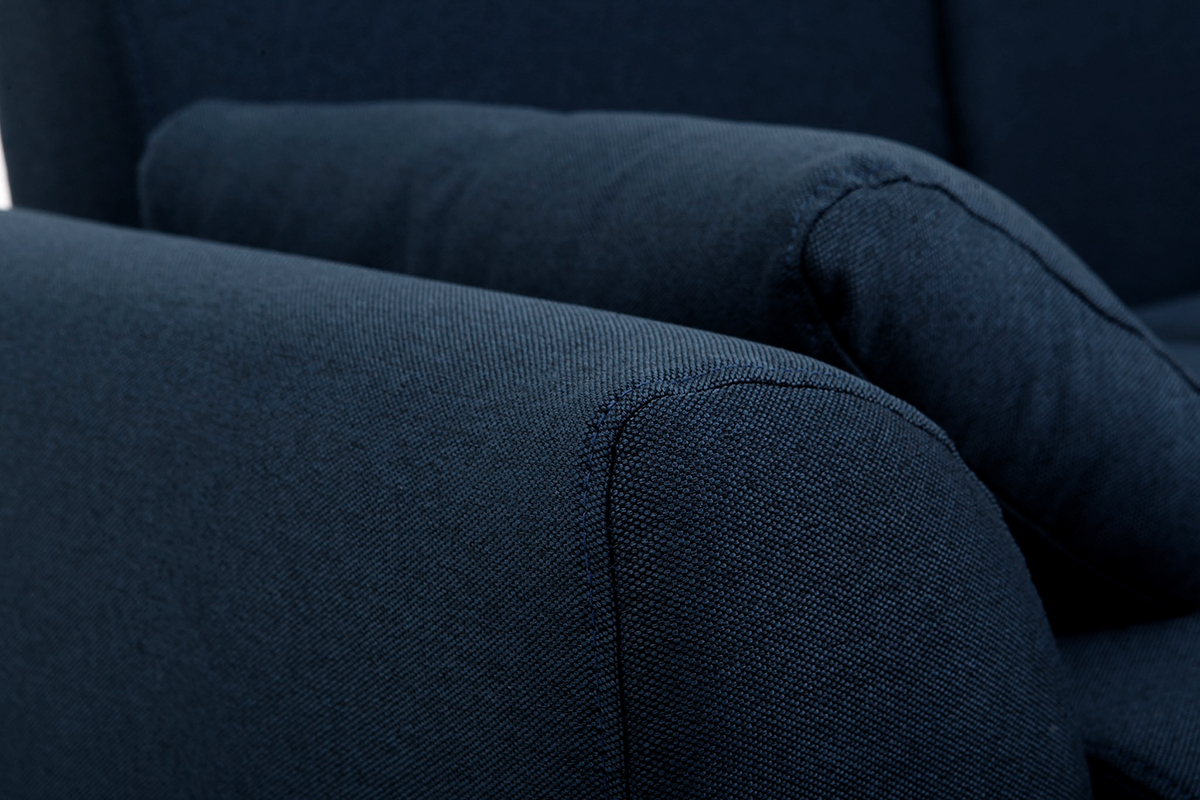 Divano design 2 posti tessuto blu e piedi noce EKTOR