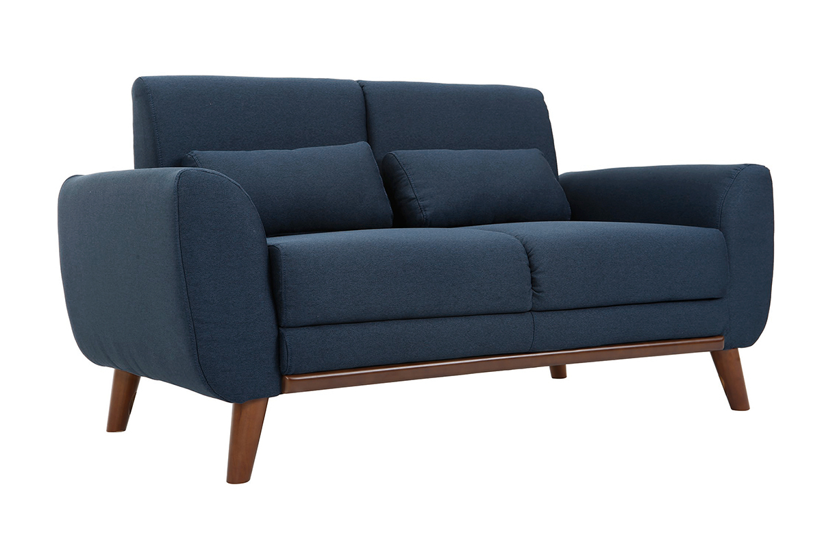 Divano design 2 posti tessuto blu e piedi noce EKTOR