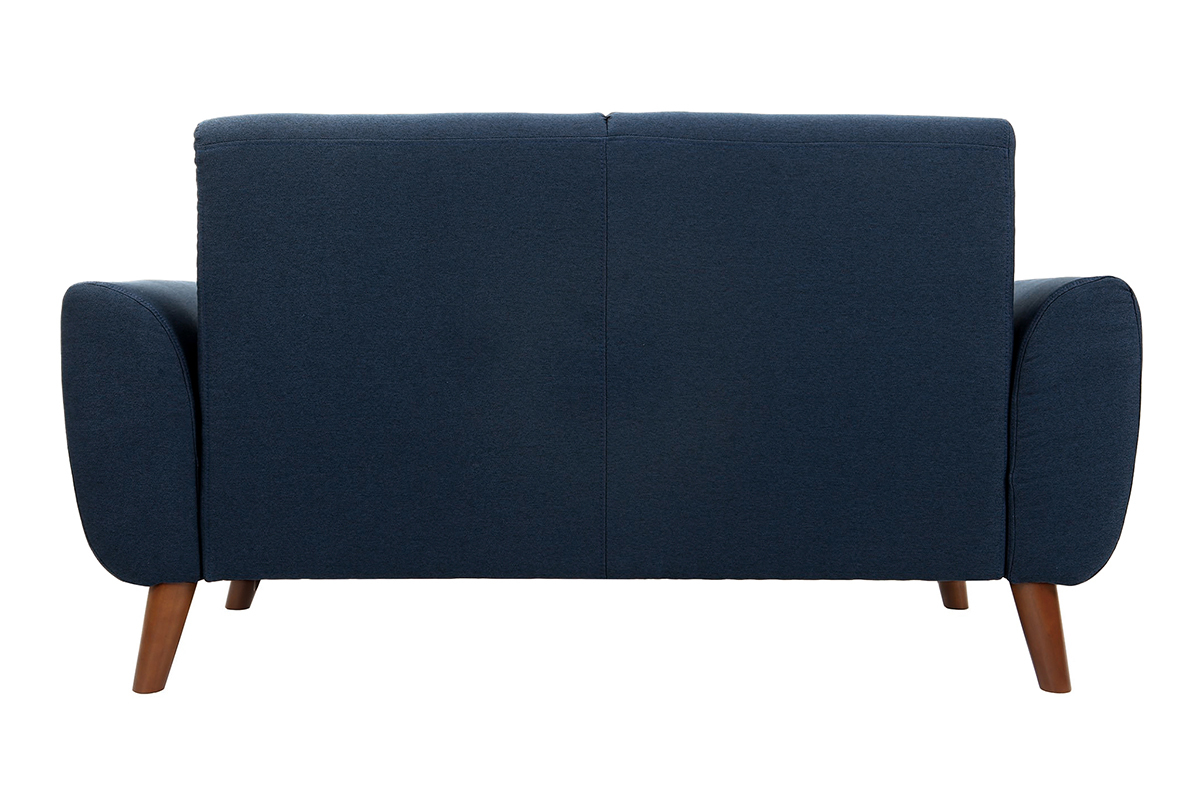 Divano design 2 posti tessuto blu e piedi noce EKTOR