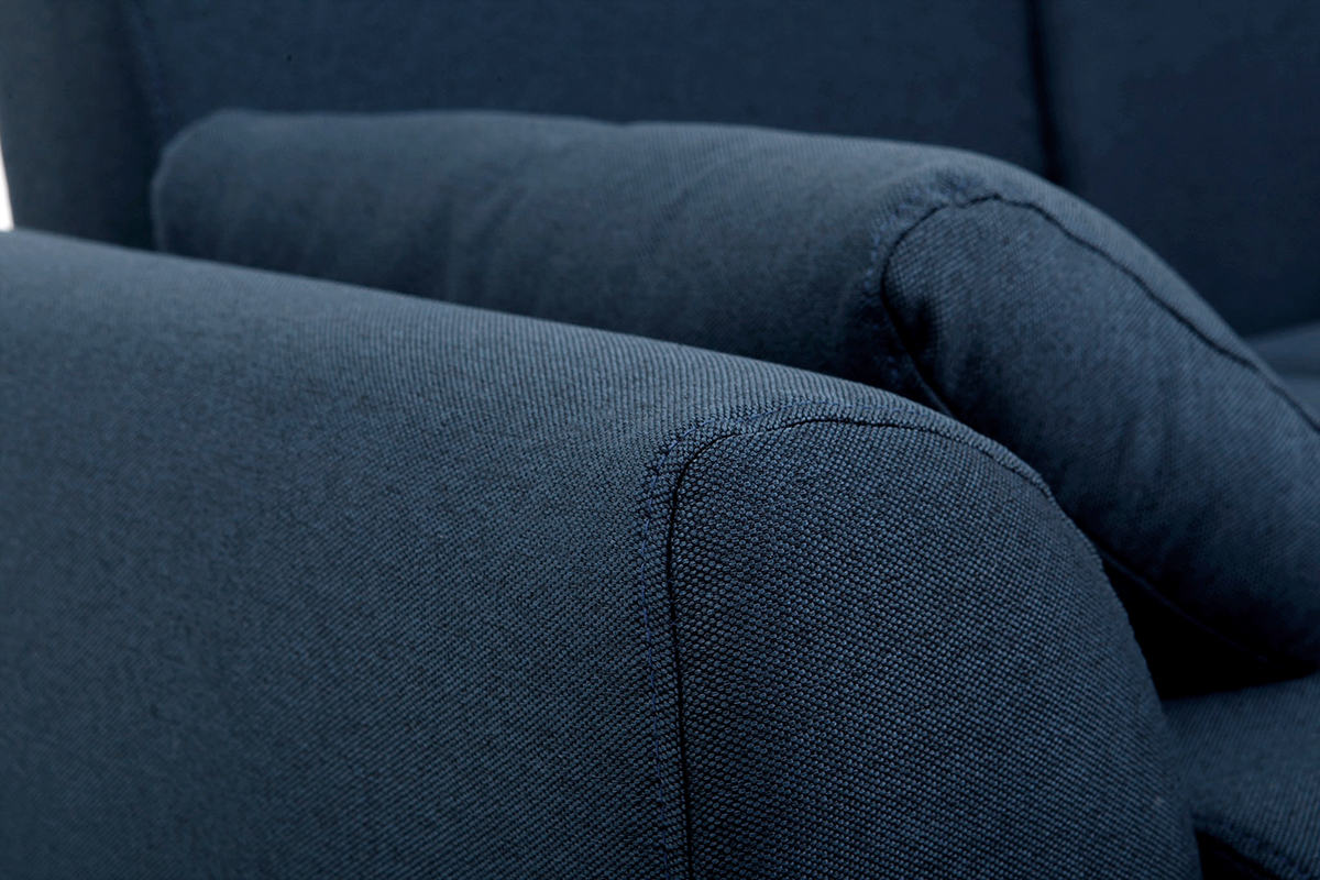 Divano design 2 posti tessuto blu e piedi noce EKTOR