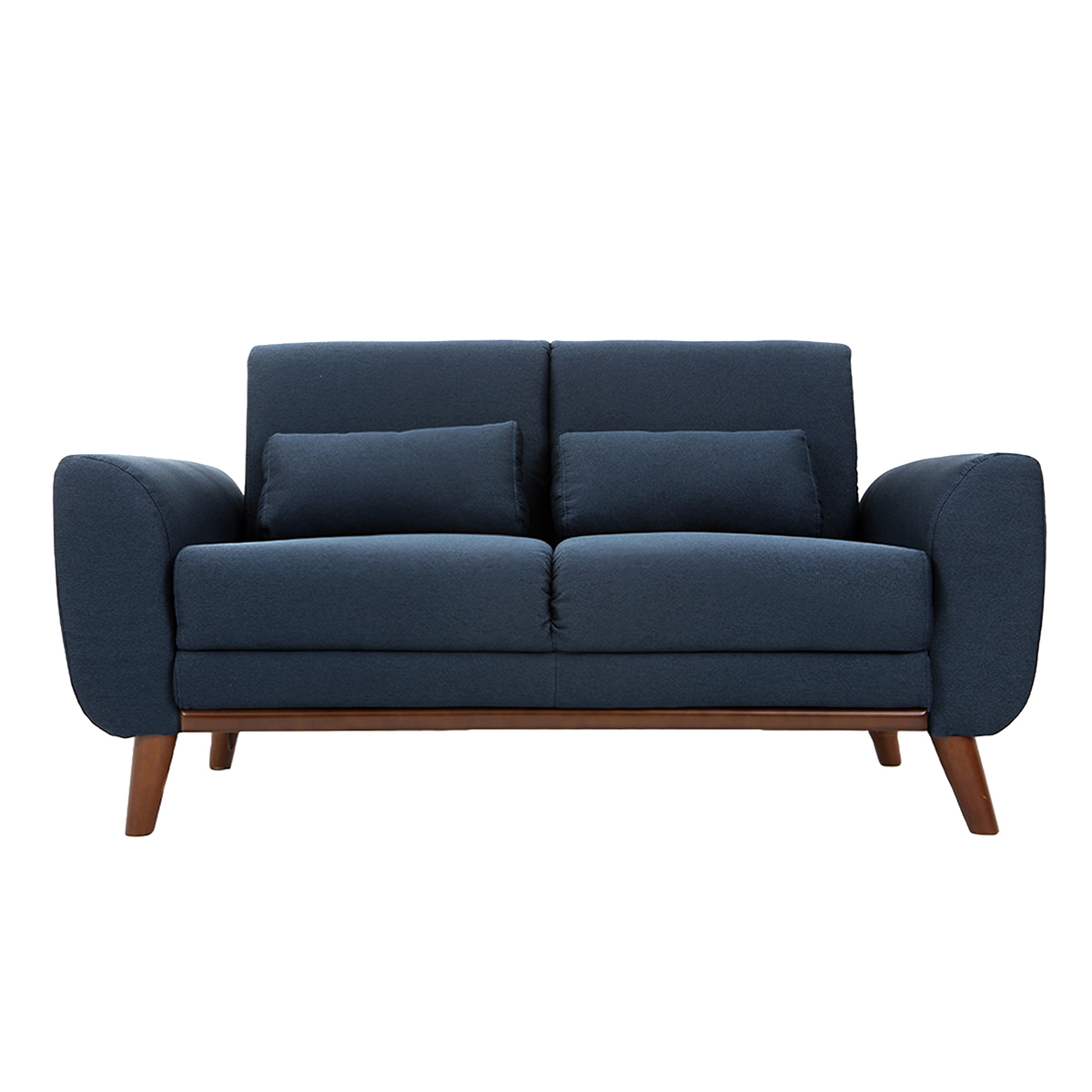 Divano design 2 posti tessuto blu e piedi noce EKTOR