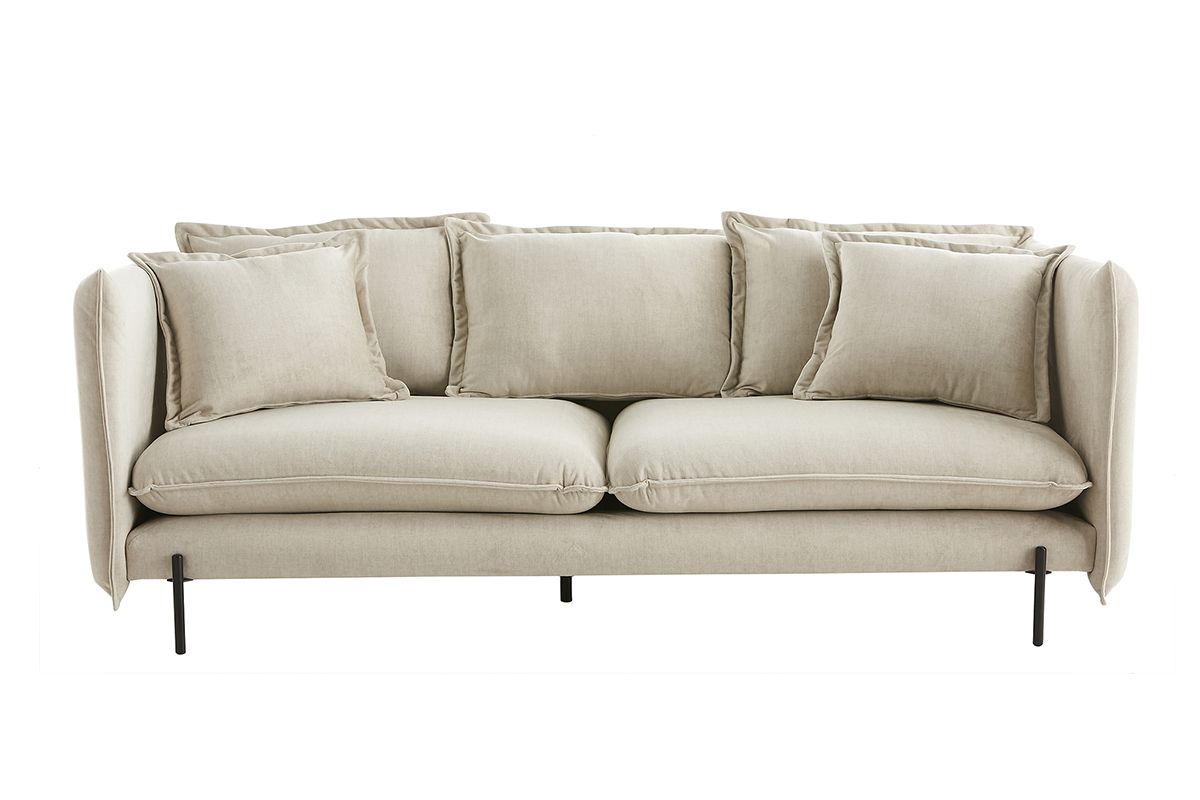 Divano design 3-4 posti in tessuto velluto beige e metallo nero ALMAR