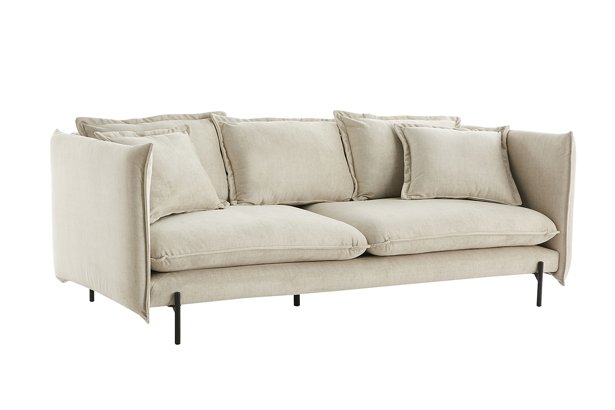 Divano design 3-4 posti in tessuto velluto beige e metallo nero ALMAR