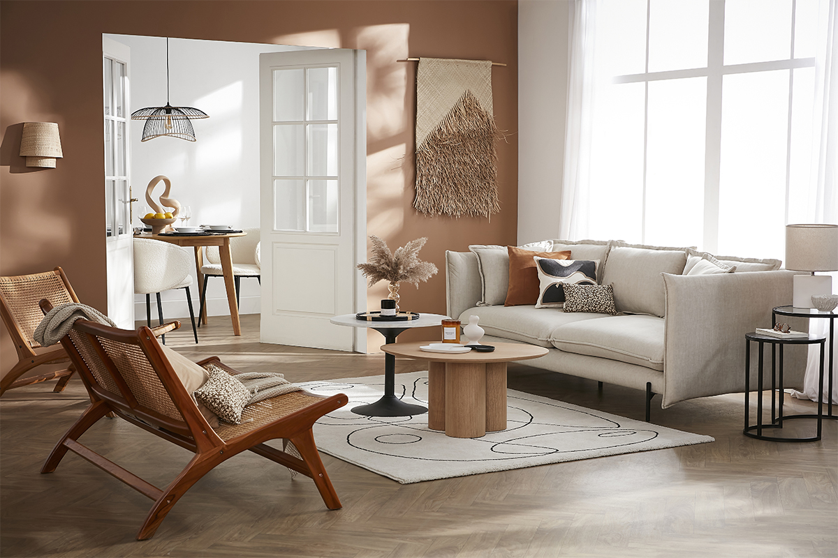 Divano design 3-4 posti in tessuto velluto beige e metallo nero ALMAR