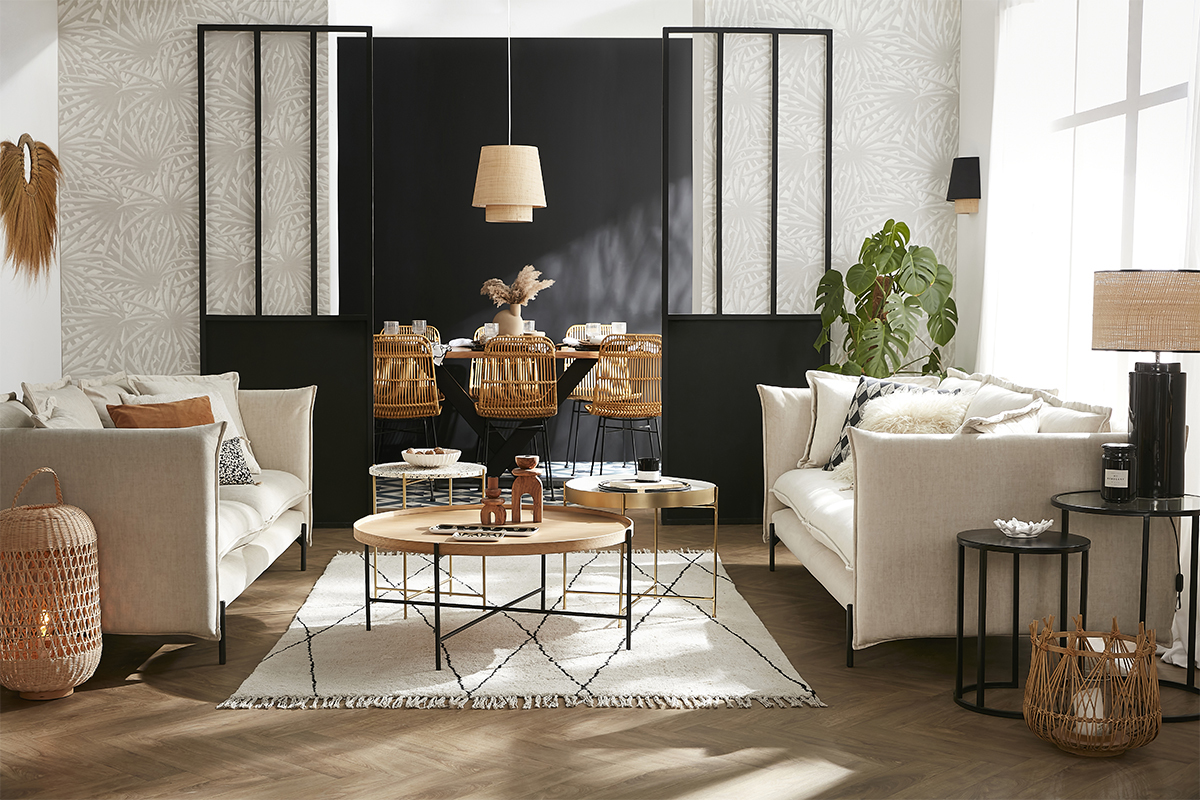 Divano design 3-4 posti in tessuto velluto beige e metallo nero ALMAR