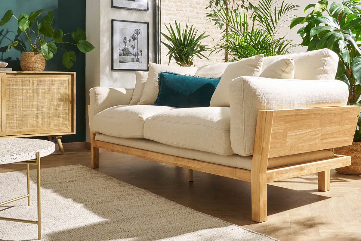 Divano design 3 posti bianco crema piedi in legno KYO