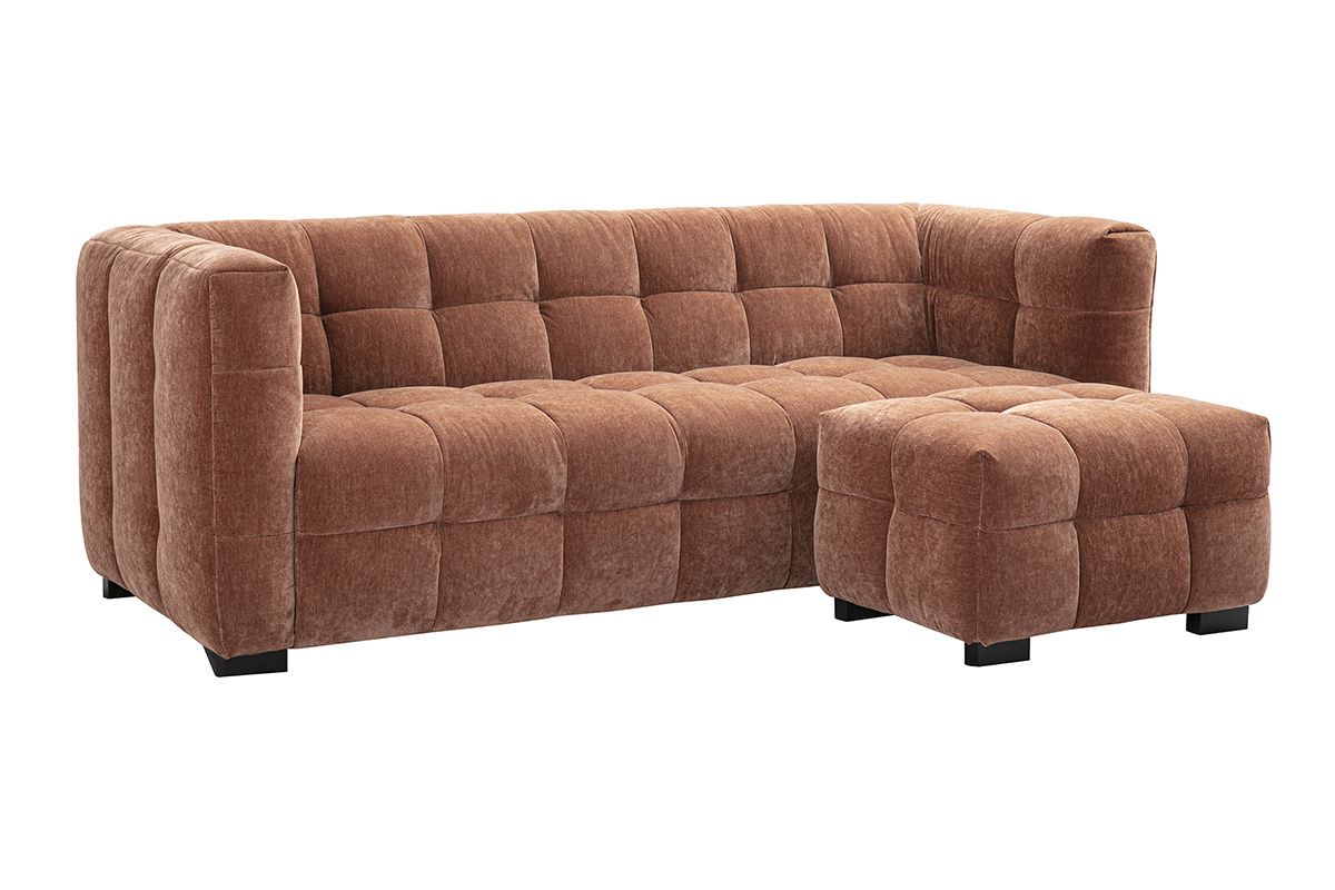 Divano design 3 posti e poggia piedi in tessuto effetto velluto marrone nocciola CORTO