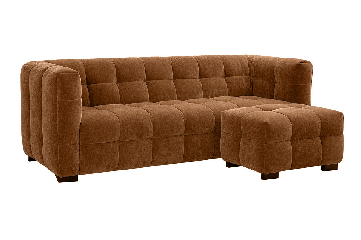 Divano design 3 posti e poggia piedi in tessuto effetto velluto marrone nocciola CORTO