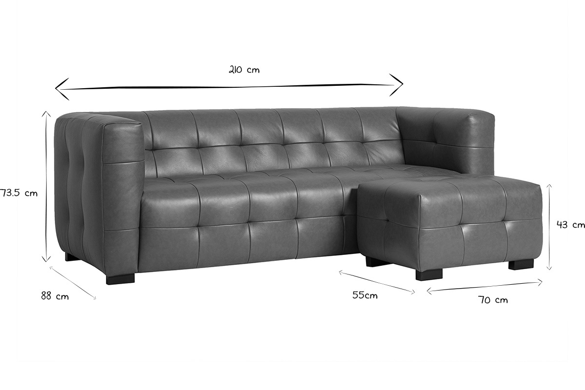 Dimensioni del divano CORTO a 3 posti e poggiapiedi in nero e bianco: L210 x P88 x H73,5 cm; pouf L70 x P55 x H43 cm.