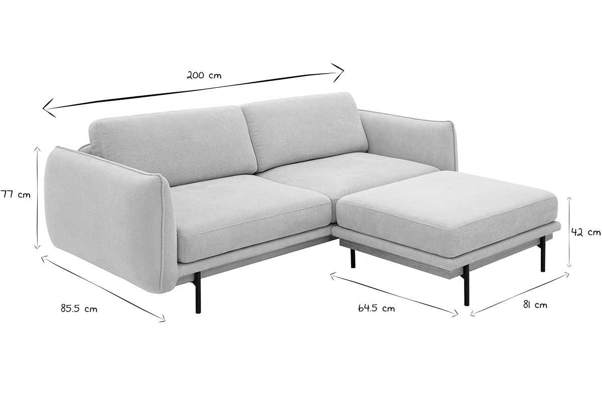 Divano design 3 posti e poggiapiedi in tessuto ciniglia beige e metallo nero TODD