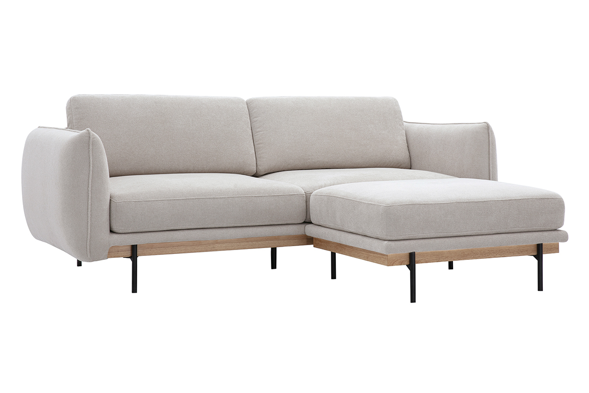 Divano design 3 posti e poggiapiedi in tessuto ciniglia beige e metallo nero TODD