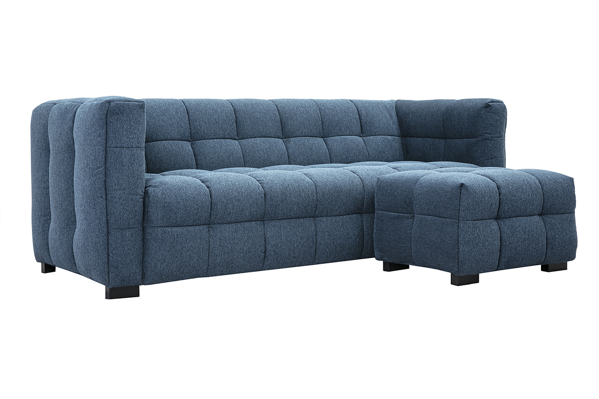 Divano design 3 posti e poggiapiedi in tessuto effetto velluto testurizzato blu scuro CORTO