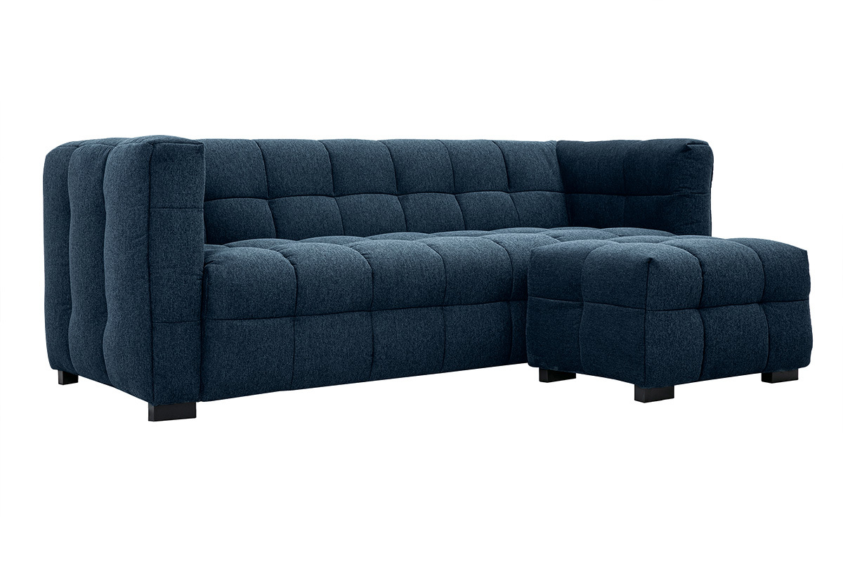 Divano design 3 posti e poggiapiedi in tessuto effetto velluto testurizzato blu scuro CORTO
