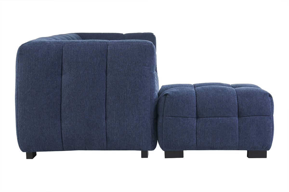 Divano design 3 posti e poggiapiedi in tessuto effetto velluto testurizzato blu scuro CORTO