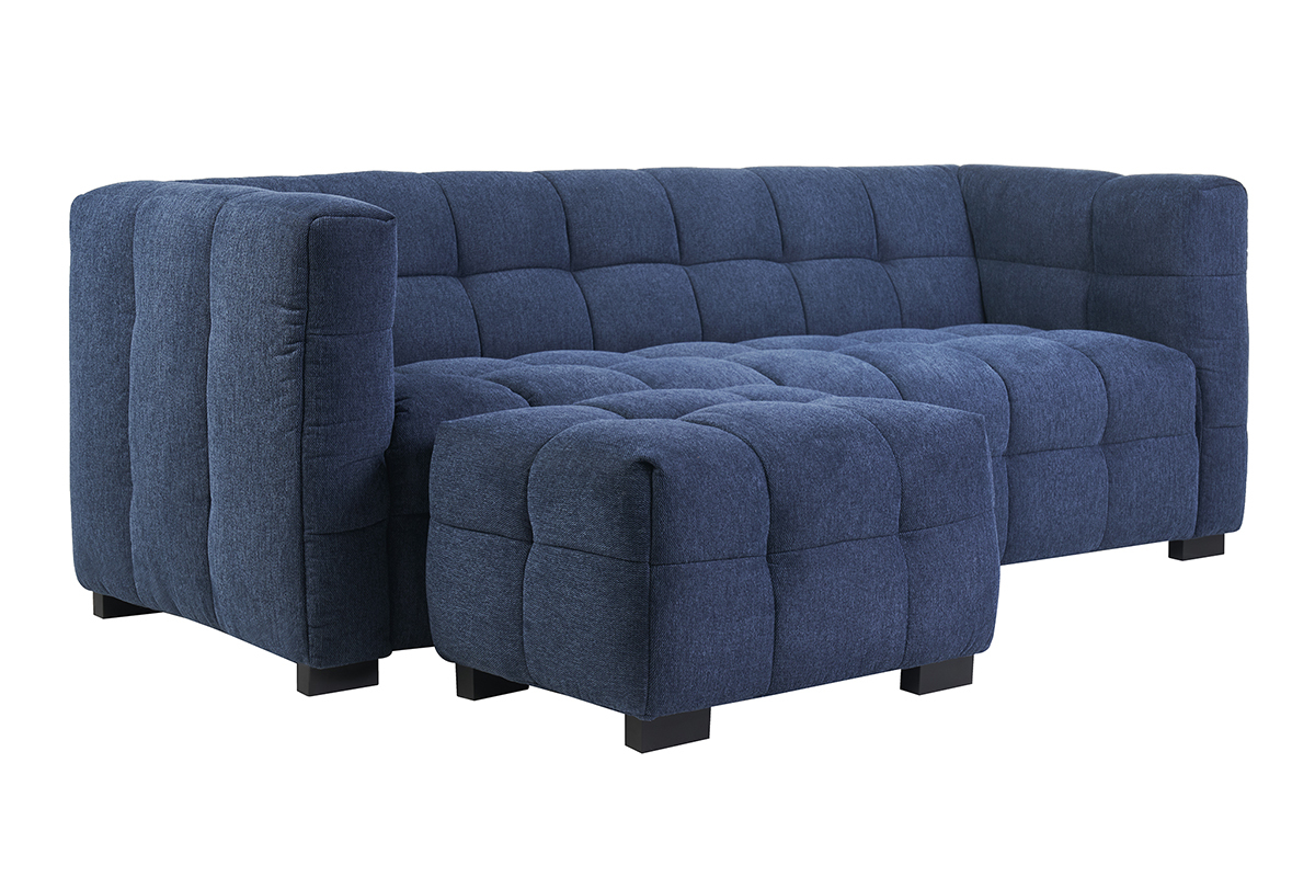 Divano design 3 posti e poggiapiedi in tessuto effetto velluto testurizzato blu scuro CORTO