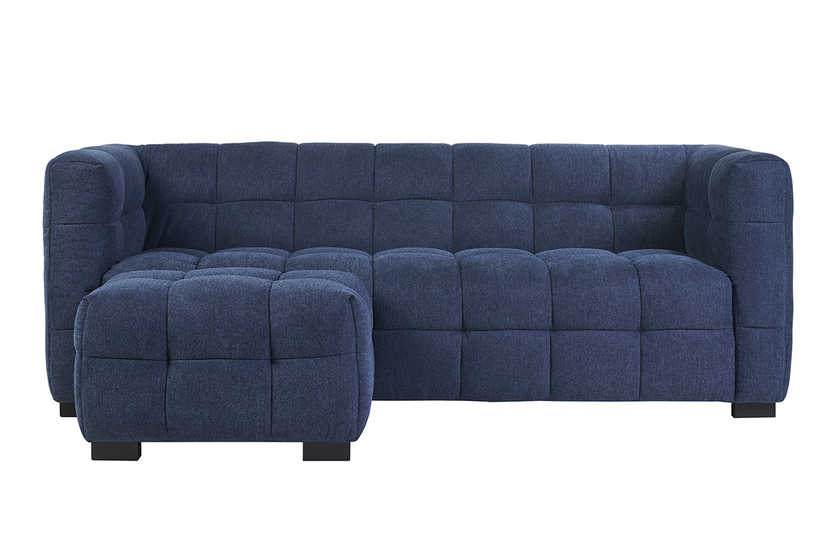 Divano design 3 posti e poggiapiedi in tessuto effetto velluto testurizzato blu scuro CORTO