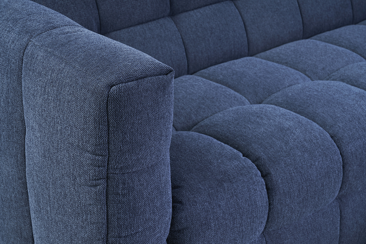 Divano design 3 posti e poggiapiedi in tessuto effetto velluto testurizzato blu scuro CORTO
