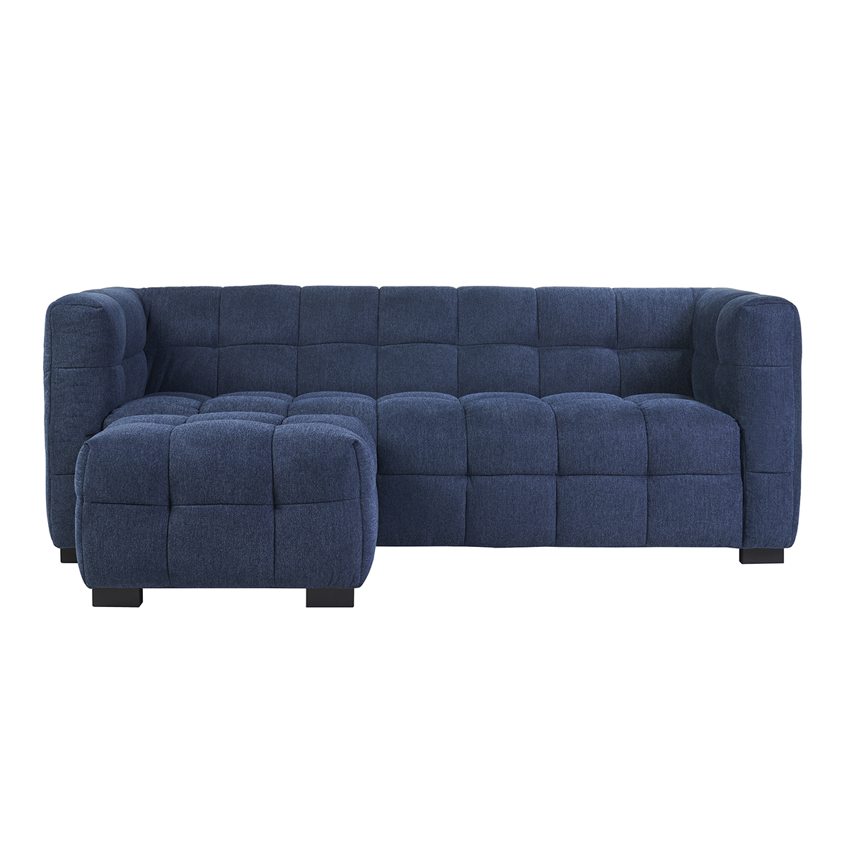 Divano design 3 posti e poggiapiedi in tessuto effetto velluto testurizzato blu scuro CORTO