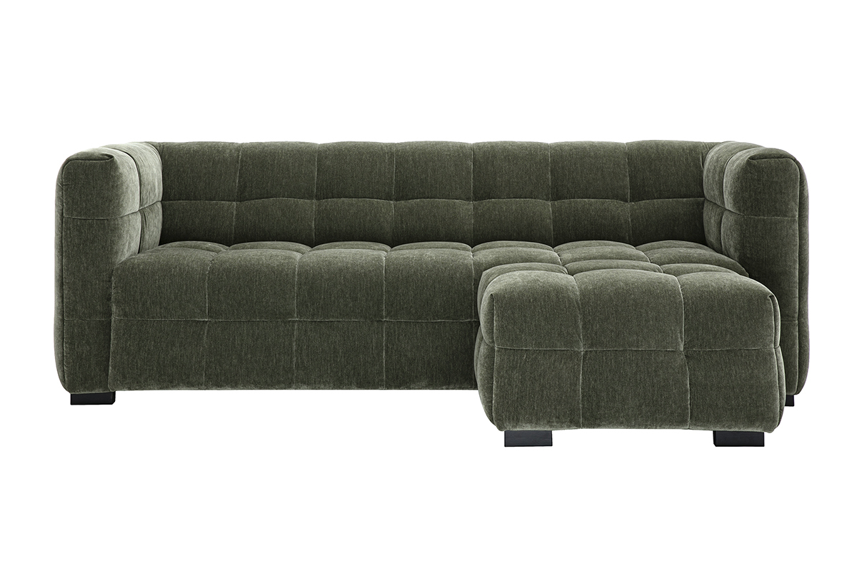 Divano design 3 posti e poggiapiedi in tessuto effetto velluto verde kaki CORTO