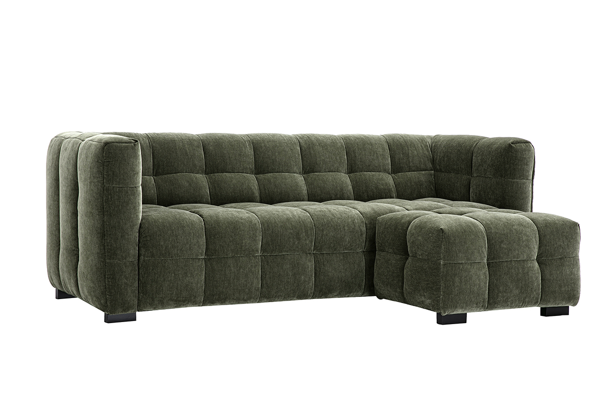 Divano design 3 posti e poggiapiedi in tessuto effetto velluto verde kaki CORTO