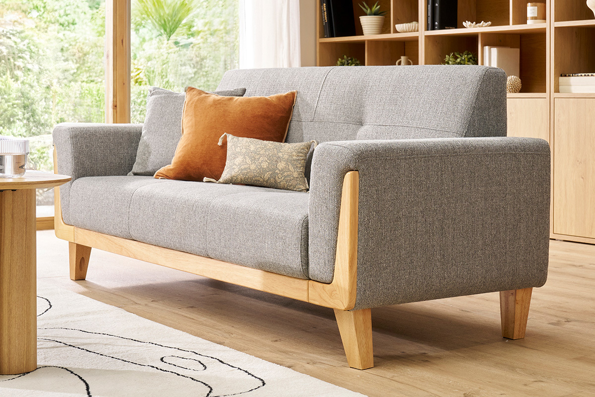 Divano design 3 posti grigio piedi in legno FJORD