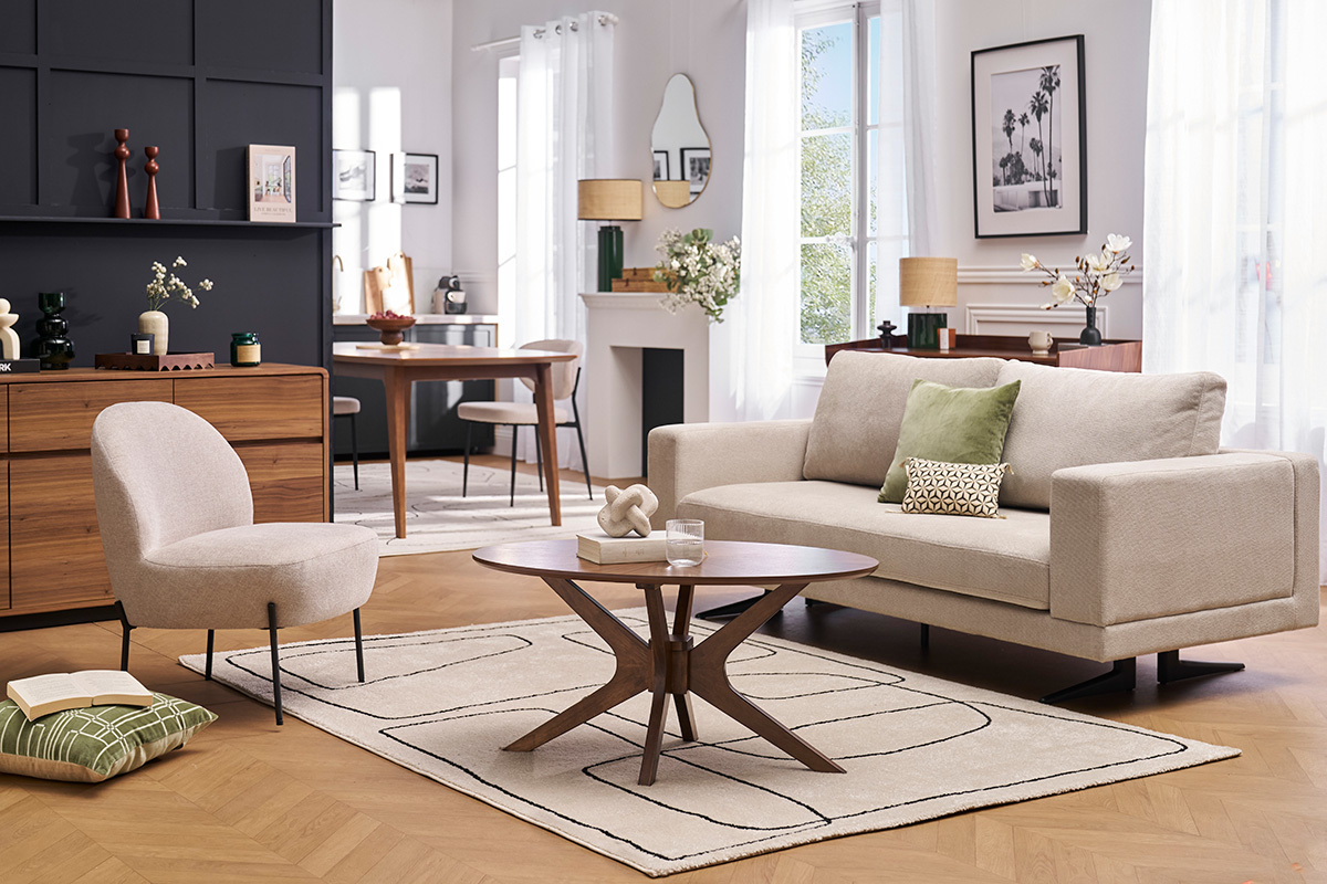Divano design 3 posti in tessuto chenille beige e metallo nero LENNON