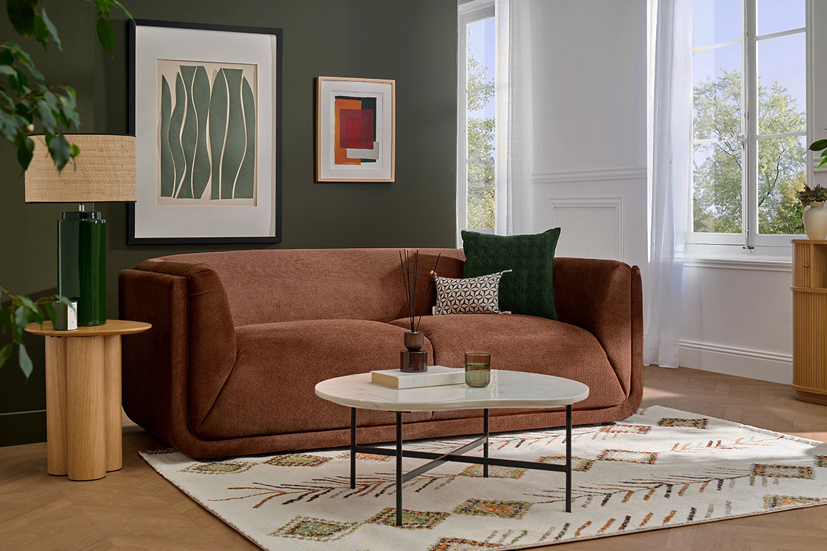 Divano design 3 posti in tessuto ciniglia terra bruciata HOSBO