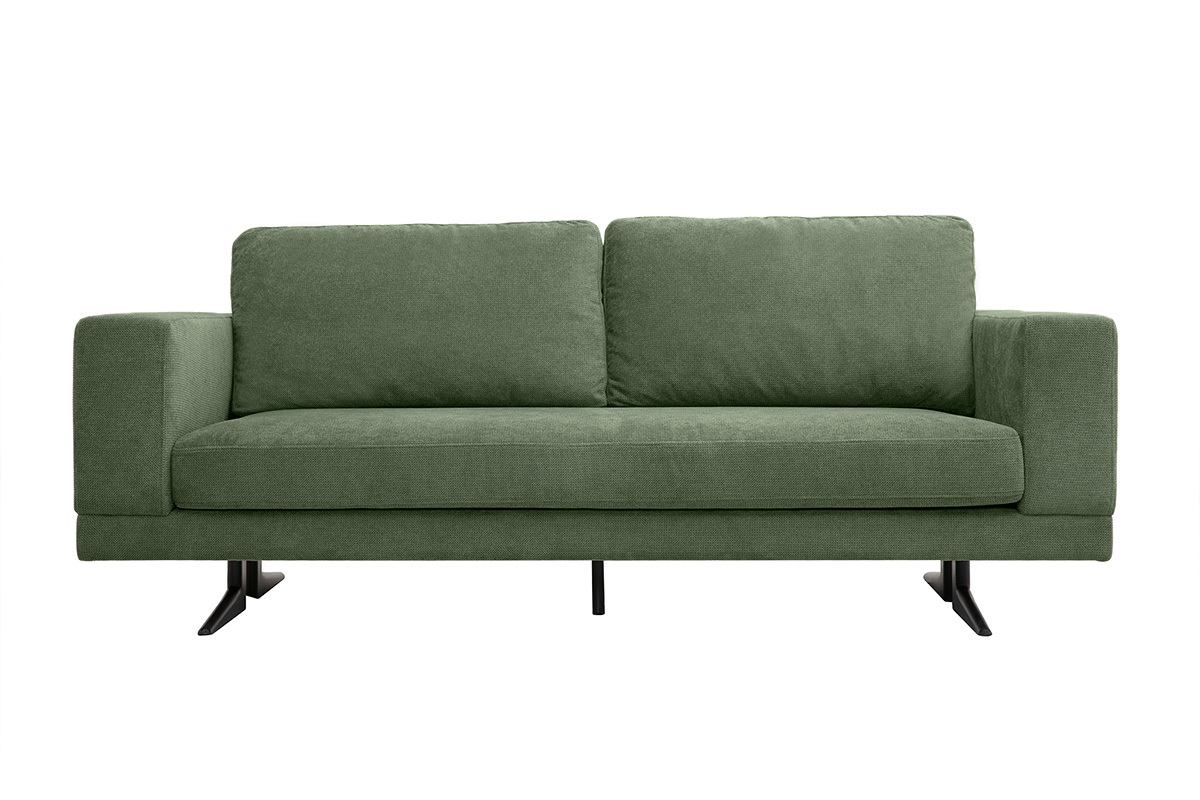 Divano design 3 posti in tessuto ciniglia verde kaki e metallo nero LENNON