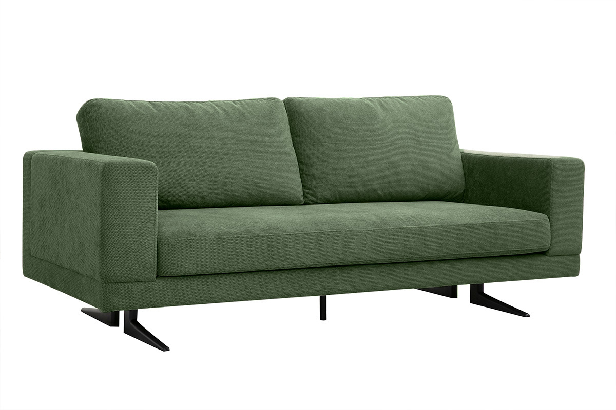 Divano design 3 posti in tessuto ciniglia verde kaki e metallo nero LENNON