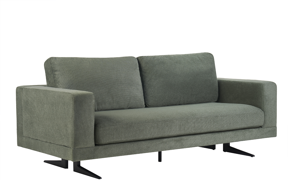 Divano design 3 posti in tessuto ciniglia verde kaki e metallo nero LENNON