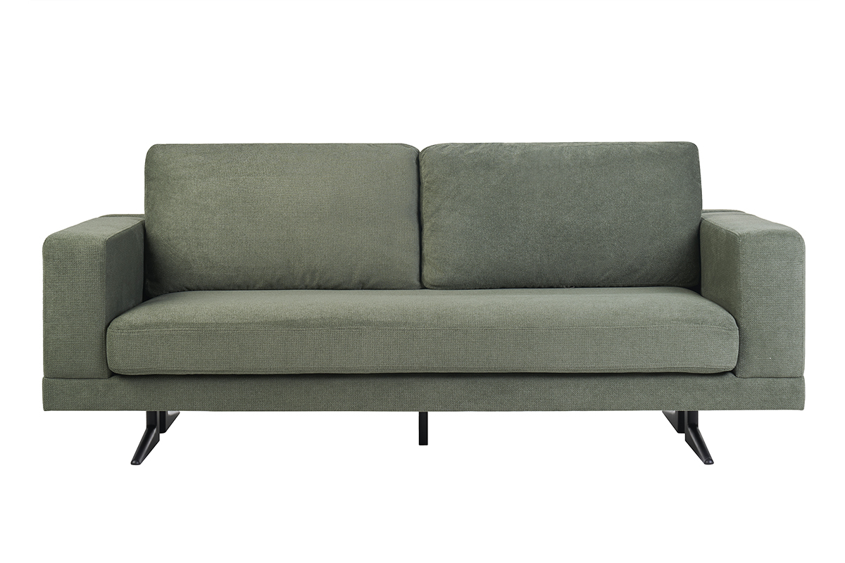 Divano design 3 posti in tessuto ciniglia verde kaki e metallo nero LENNON