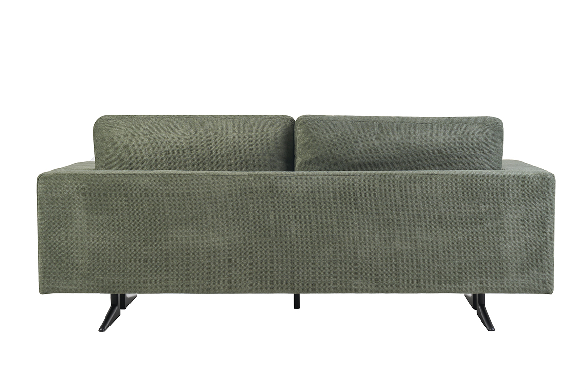 Divano design 3 posti in tessuto ciniglia verde kaki e metallo nero LENNON