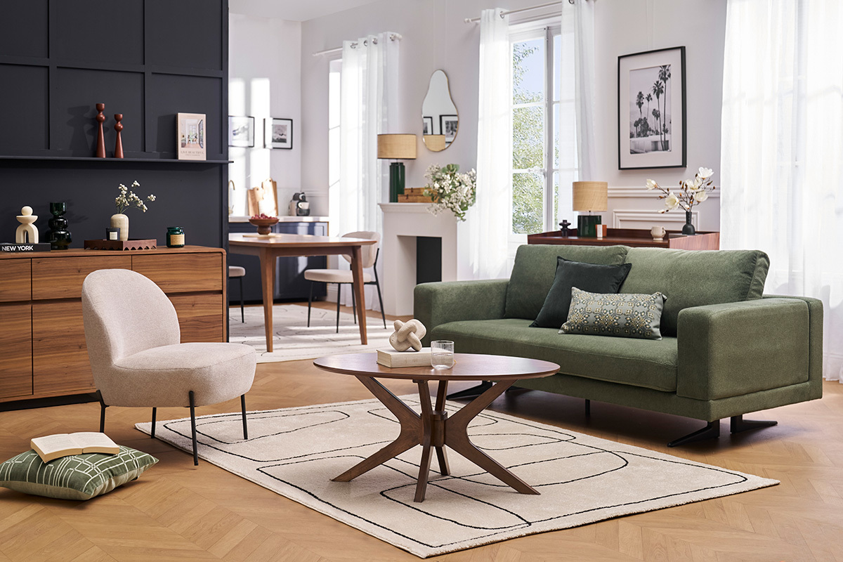 Divano design 3 posti in tessuto ciniglia verde kaki e metallo nero LENNON