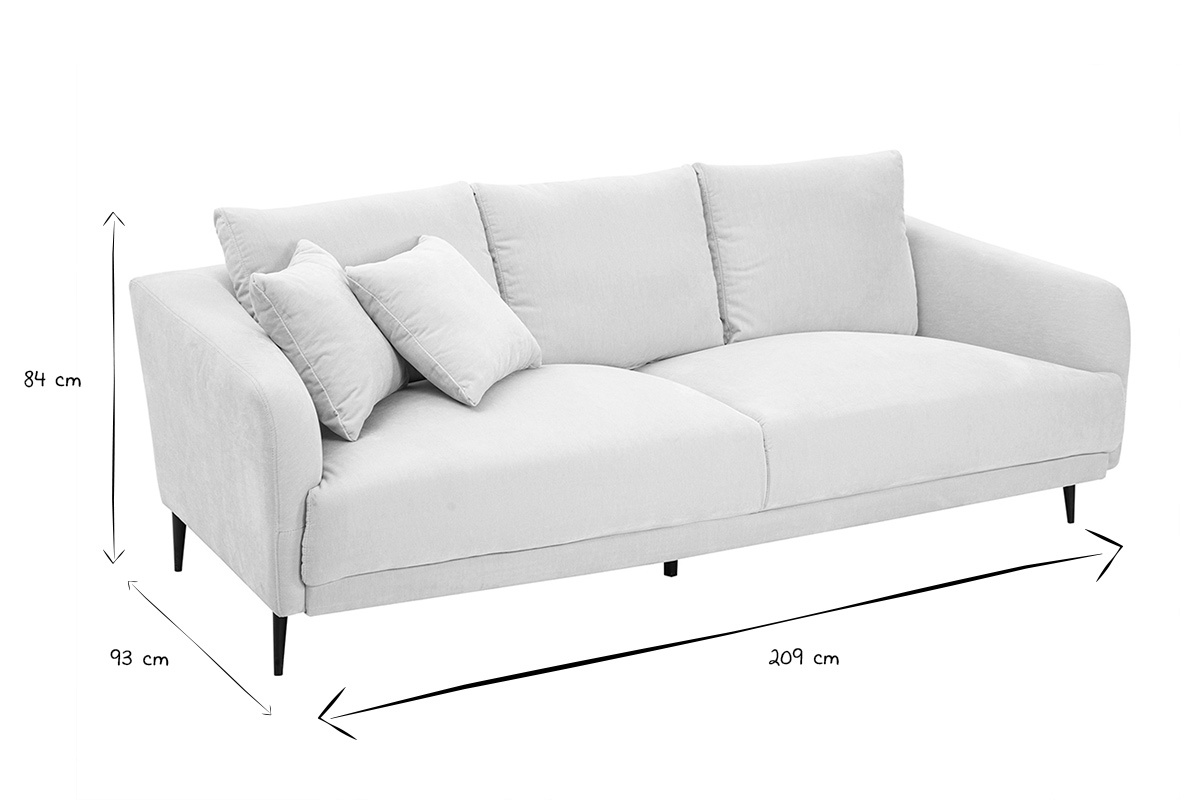 Divano design 3 posti in tessuto effetto velluto beige e metallo nero JERRY